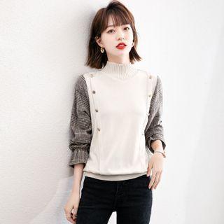 Bell-sleeve Mock-neck Plaid Panel Knit Top