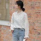 Lace Trim Floral Embroidered Long-sleeve Blouse