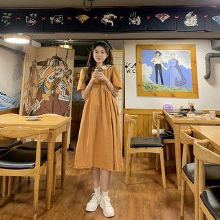 Short-sleeve Collared Midi A-line Dress Orange - One Size