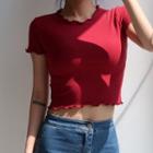 Plain Crewneck Ruffled-trim Short-sleeve T-shirt