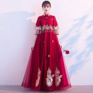 Elbow-sleeve Embroidered Mandarin Collar Lace Evening Gown