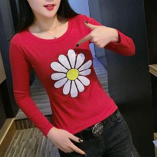 Sequined Floral Long-sleeve T-shirt