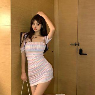 Tie-strap Cold-shoulder Gradient Shirred Mini Bodycon Dress As Shown In Figure - One Size