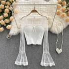 Square-neck Lace Mesh Bell-sleeve Top