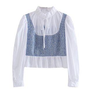 Long-sleeve Tie-neck Tweed Panel Cropped Blouse