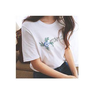Lettering Flower Embroidered Cotton T-shirt