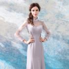 Embroidered Mesh Panel Long-sleeve Evening Gown