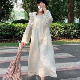 Long-sleeve Ruffled Midi Shift Dress White - One Size
