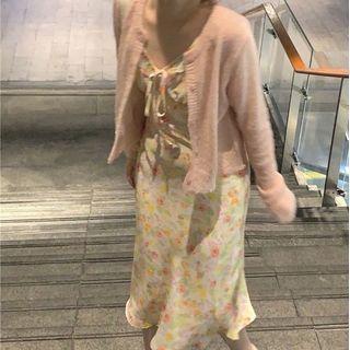 Plain Cardigan / Spaghetti-strap Floral Print Midi A-line Dress