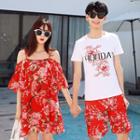 Couple Matching Floral Print Off Shoulder Elbow Sleeve Dress / Set: Printed Short Sleeve T-shirt + Shorts