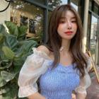 Puff-sleeve Mesh Panel Crop Top