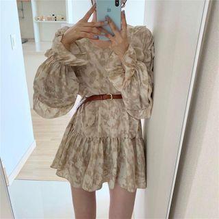Long-sleeve Print A-line Dress With Belt