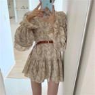 Long-sleeve Print A-line Dress With Belt