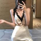 Sleeveless Lace-trim Floral Print Top Beige - One Size