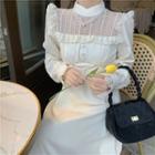 Long-sleeve Lace Panel Mock-neck Midi A-line Dress