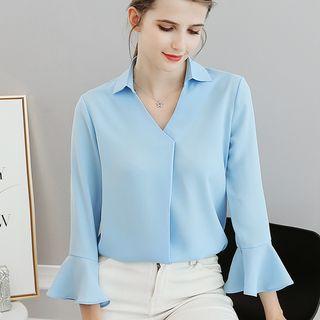 Ruffled-cuff V-neck Blouse