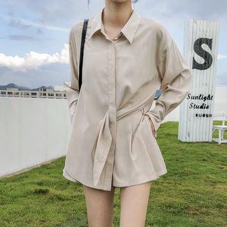 Set: Long-sleeve Plain Shirt + Wide Leg Shorts