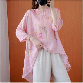 Printed Frog-button 3/4-sleeve Blouse