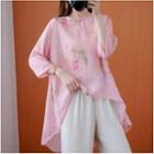 Printed Frog-button 3/4-sleeve Blouse