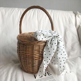 Set: Straw Bucket Bag + Scarf With White Scarf - Khaki - One Size