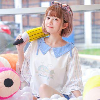 Striped Elbow-sleeve Printed T-shirt