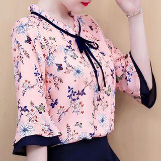 Elbow-sleeve All Over Print Blouse