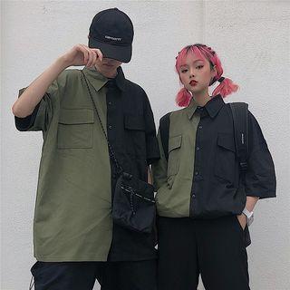 Couple Matching Elbow-sleeve Color Block Shirt