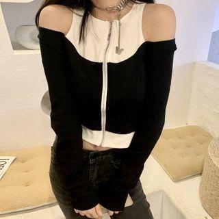 Cold-shoulder Paneled Zip T-shirt As Shown In Figure - One Size