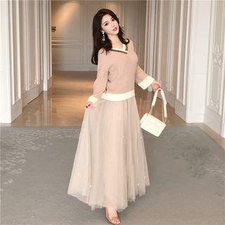 Set: V-neck Sweater + Sheer Overlay Maxi Skirt
