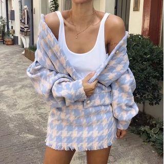 Set: Houndstooth Button-up Jacket + Mini Pencil Skirt
