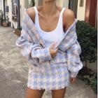 Set: Houndstooth Button-up Jacket + Mini Pencil Skirt