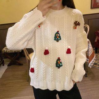 Long-sleeve Printed Cable Knit Sweater
