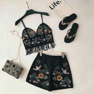 Set: Spaghetti Strap Embroidered Top + Shorts