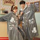 Couple Matching Loungewear Set : Fleece Bear Embroidered Hooded Robe + Pants
