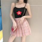 Flower Pattern Knitted Camisole Top / Plaid Pleated Skirt / Set