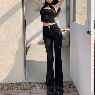 Halter-neck Cutout Denim Top / Low Rise Bootcut Jeans