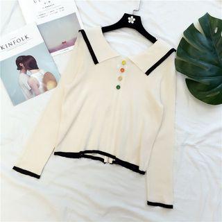 Piped Long-sleeve Collared Knit Top