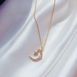 Rhinestone Moon & Star Pendant Necklace Gold - One Size