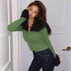 Faux-fur Collar Shirred Cardigan