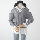 Cold-shoulder Cable Knit Sweater Gray - One Size