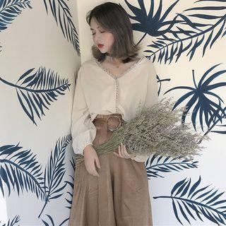 Lace Trim V-neck Blouse / A-line Skirt