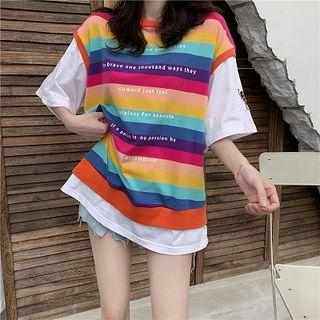 Mock Two-piece Striped Short-sleeve Shirtdress As Shown In Figure - One Size