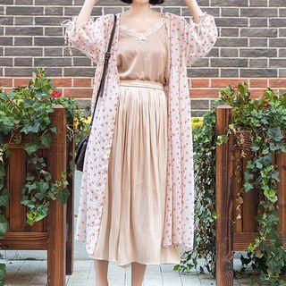 3/4-sleeve Floral Pattern Midi Chiffon Dress Brick Red Floral - Beige - One Size