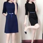 Elbow-sleeve A-line Dress / Single-button Blazer / Set