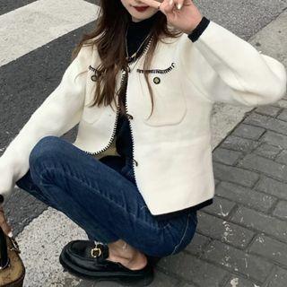 Long-sleeve Contrast Trim Jacket Cream White - One Size