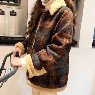 Furry-trim Buttoned Plaid Jacket Plaid - Brown - One Size