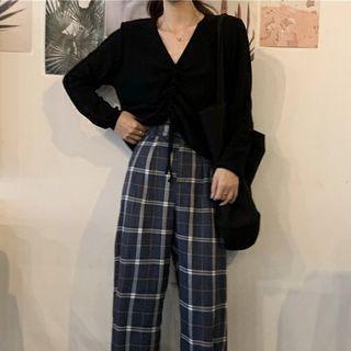 V-neck Plain Drawstring Long-sleeve Top
