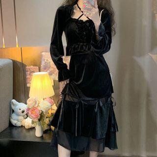Long-sleeve Cross Strap Crop Top / High Waist Ribbon Accent Midi A-line Skirt