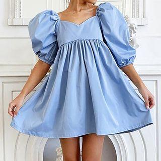 Elbow-sleeve Square-neck Puff-sleeve Mini A-line Dress
