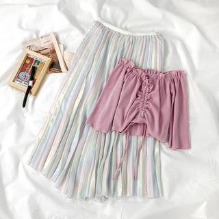 3/4-sleeve Drawstring T-shirt / Midi A-line Pleated Skirt